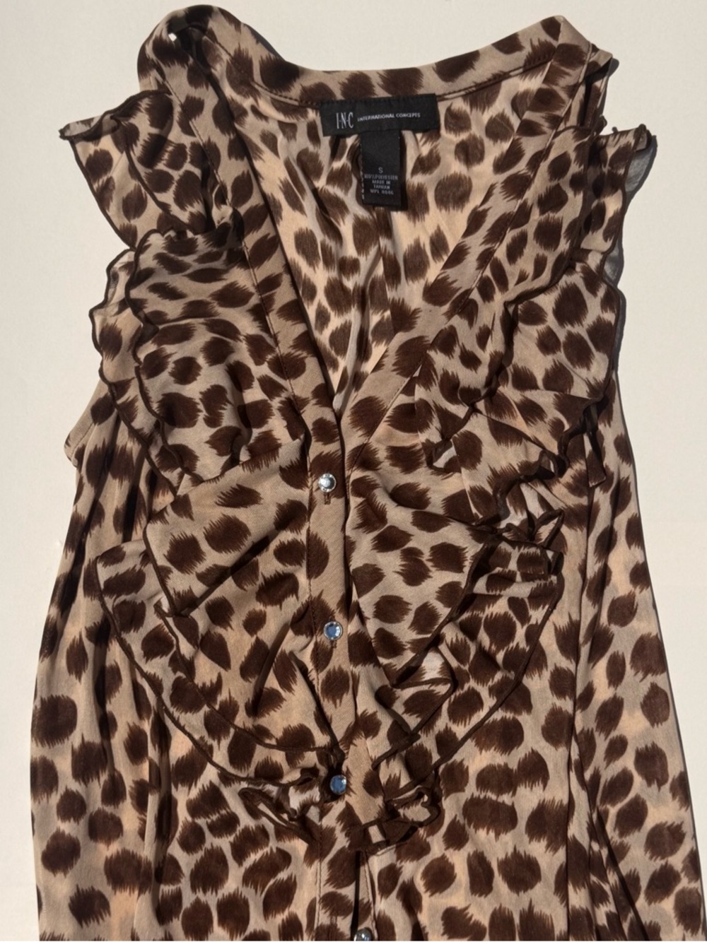 INC International Concepts Brown and Tan Animal-Print Ruffle Sleeveless Blouse